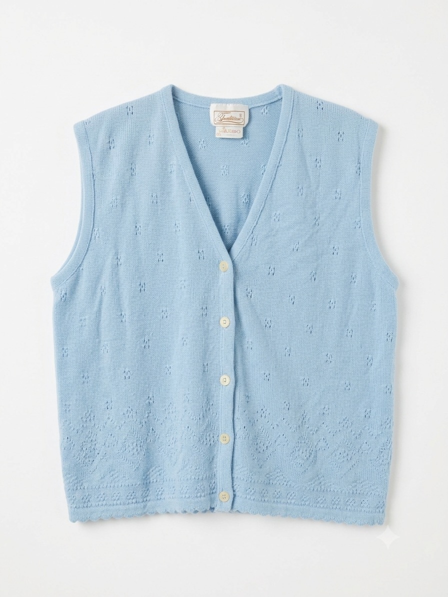 Vintage Tradition Powder Blue Pointelle Knit Sweater Vest Scalloped Hem Size M-L